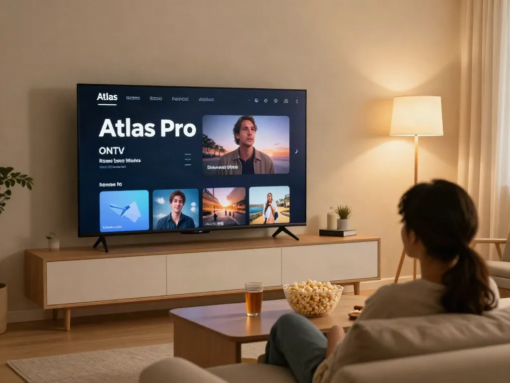 Profitez de l'application atlas pro ontv dans un salon moderne avec une ambiance chaleureuse.