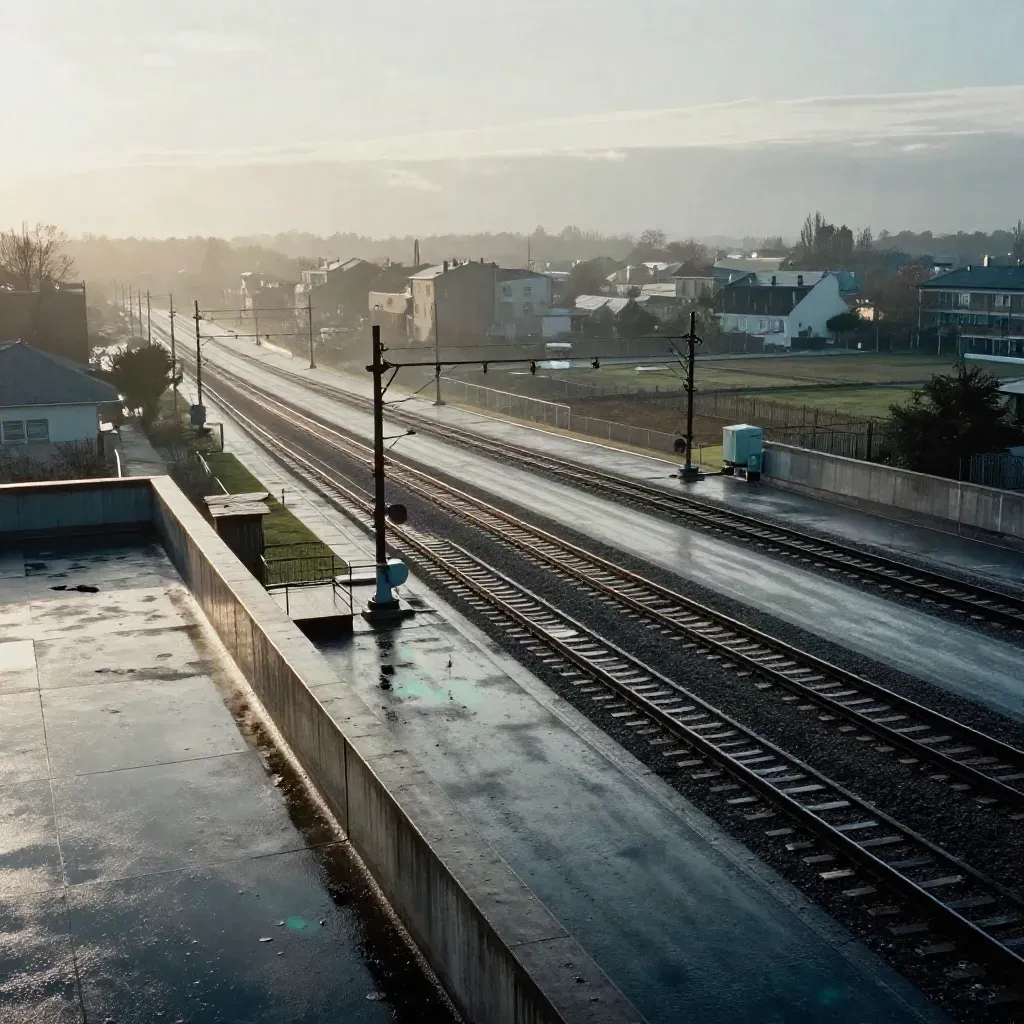 Échangeur ferroviaire mouillé à l’aube, brume de pluie et tours basses en lisière urbaine.
