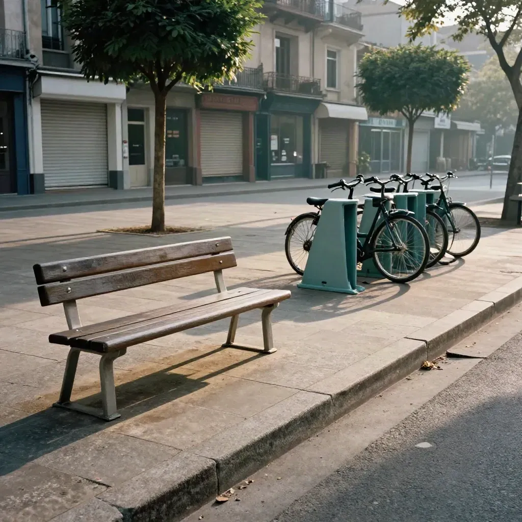 Place minérale vide avec bancs, commerces fermés, vélos en station et arbres taillés sous une lumière douce.