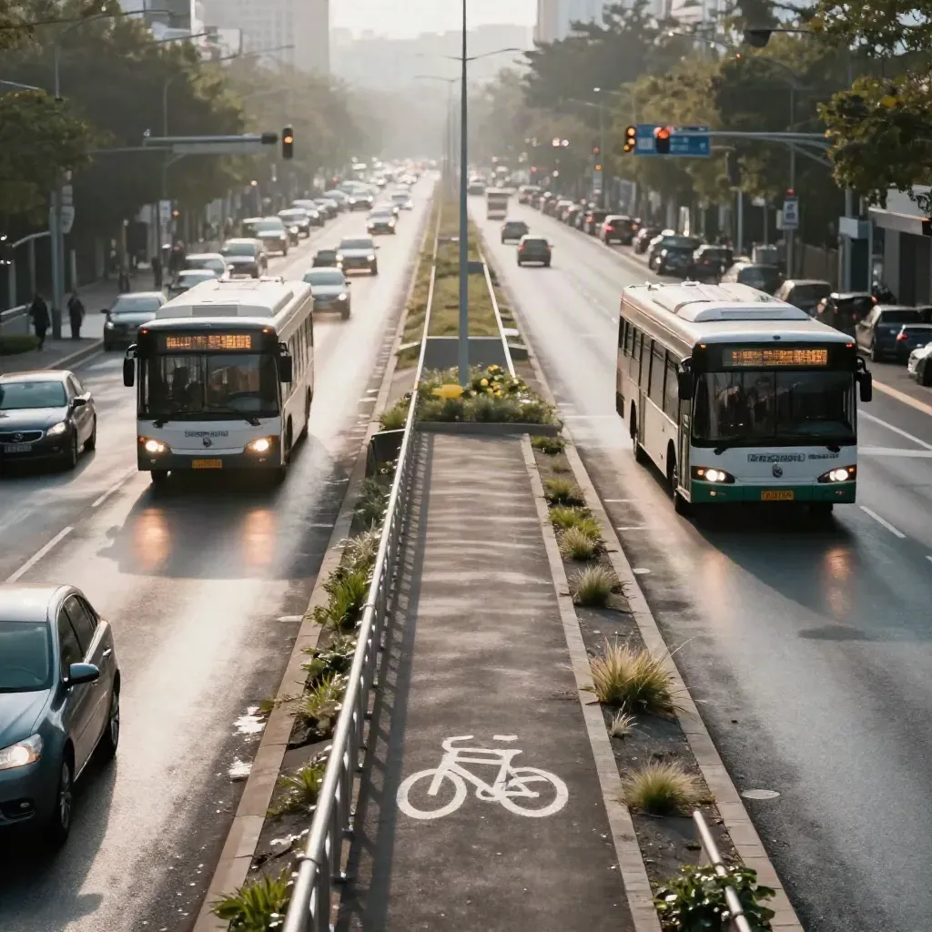 Échangeur bus-vélo vu au ras du sol, circulation fluide et reflets ambre sur bitume humide.