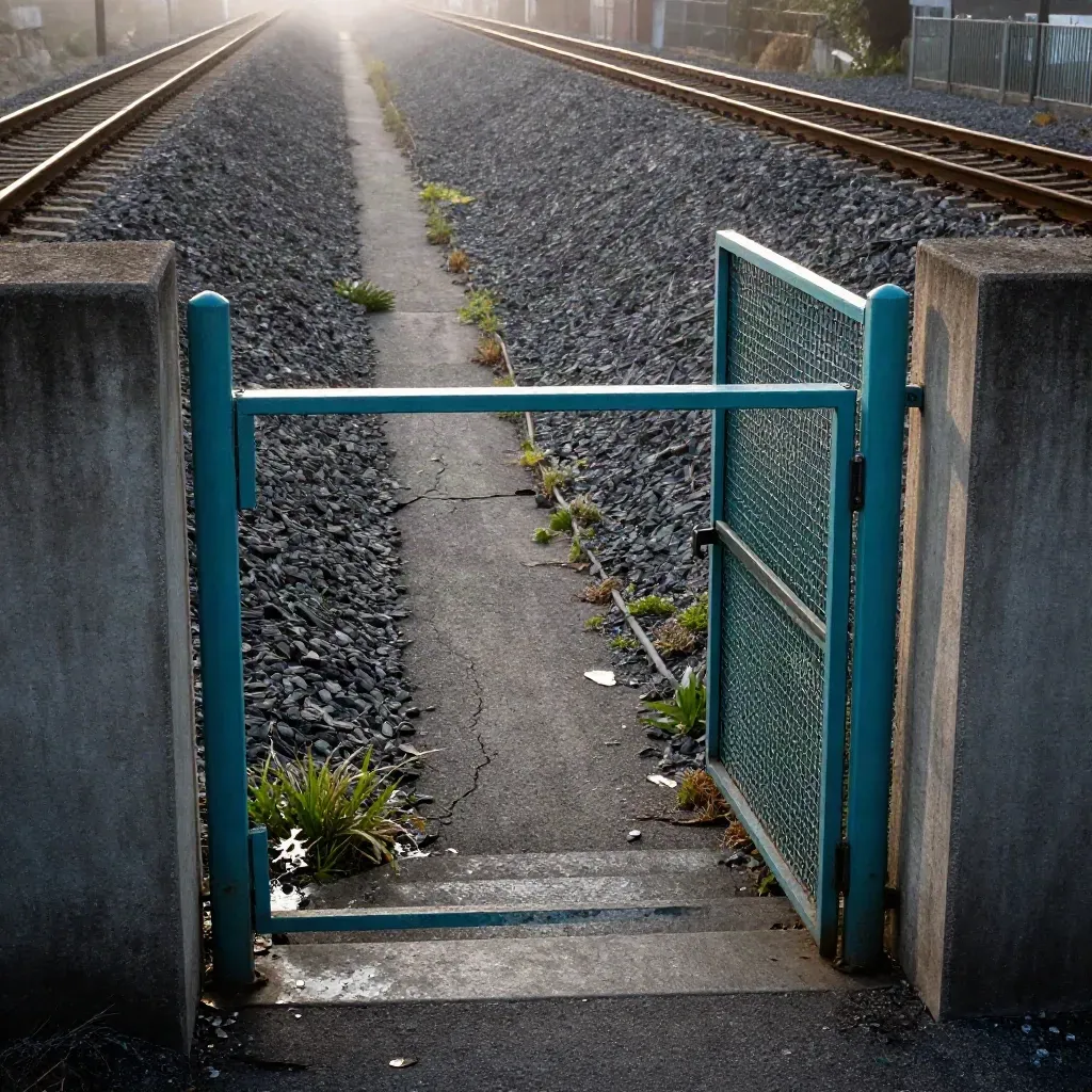 Parcelle enclavée entre mur, voie ferrée et portail fermé, vue en diagonale depuis un palier.