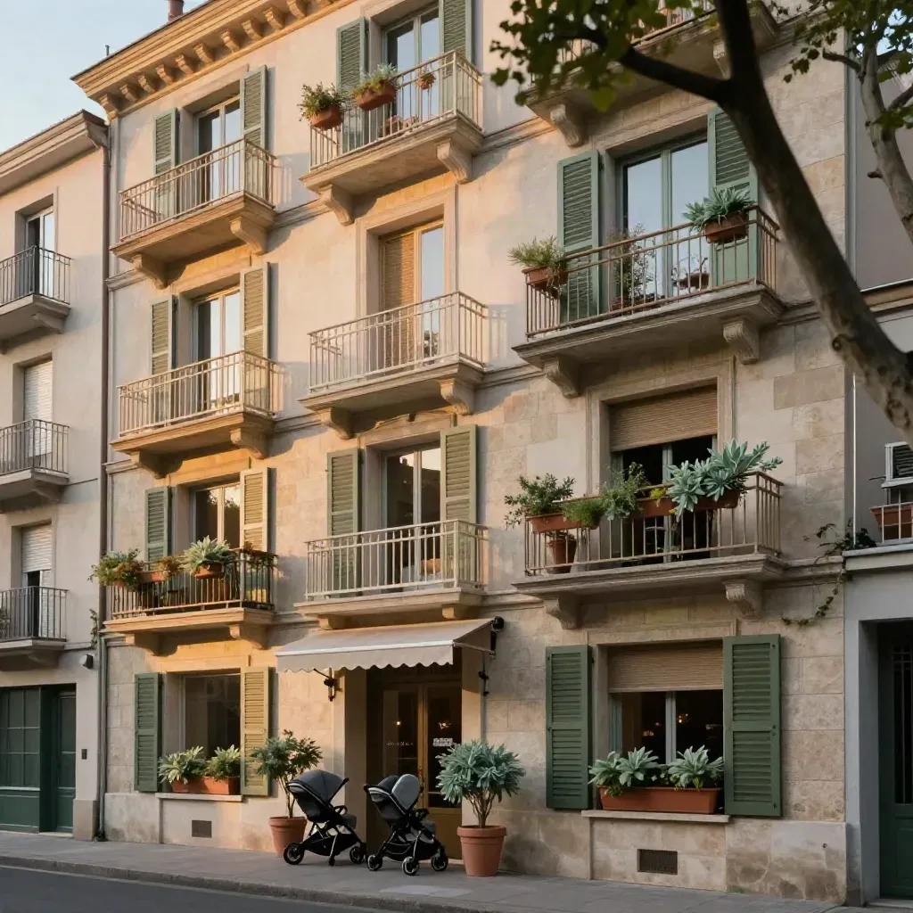 Façade résidentielle avec balcons, volets, poussettes et plantes au soleil du soir.