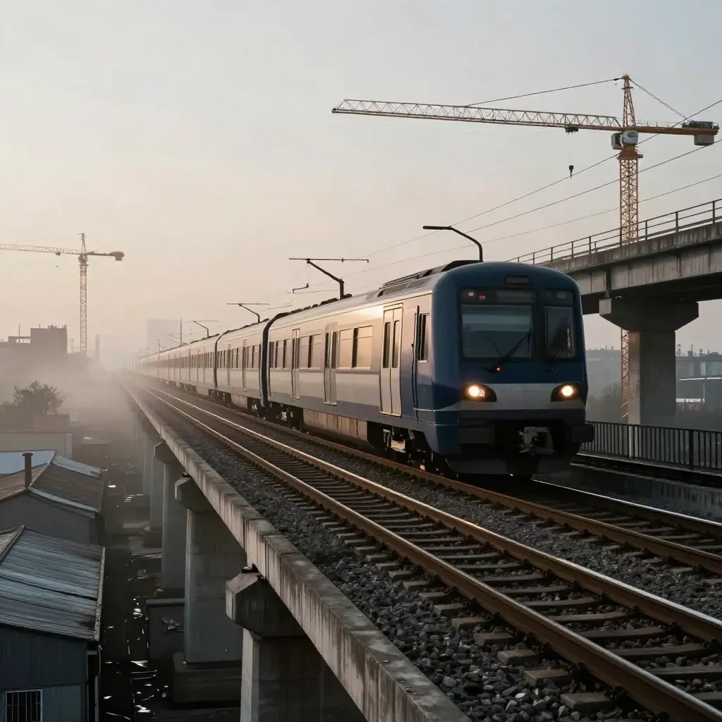 Train de banlieue sous un viaduc au lever du jour, rails en diagonale et brume industrielle.