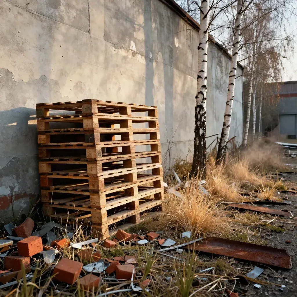 Friche industrielle avec palettes réemployées, bouleaux et herbes hautes dans une lumière ambrée.
