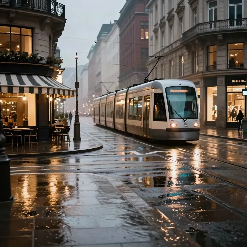 Tram du centre-ville sur rails mouillés, façades commerciales et terrasses repliées au crépuscule.