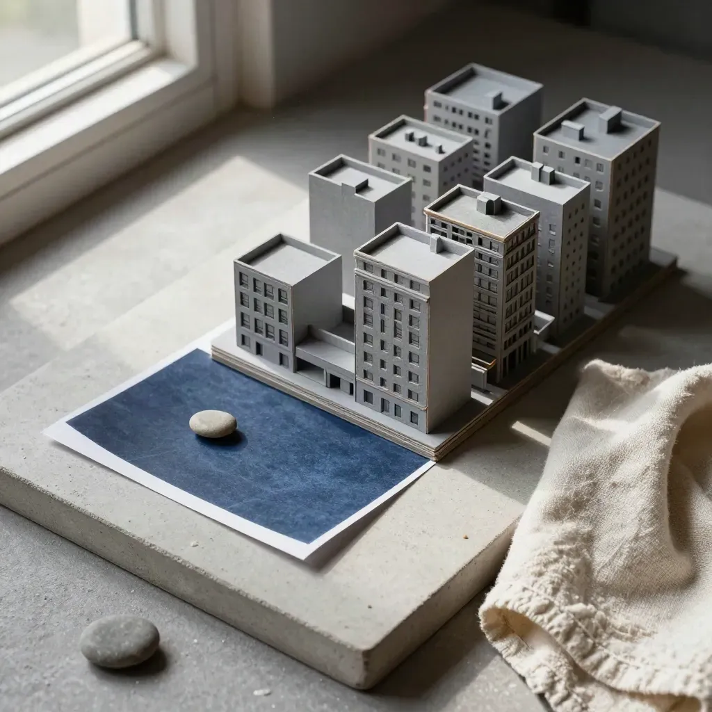 Maquette urbaine en carton gris, calque plié, galet et linge sur plateau de pierre.