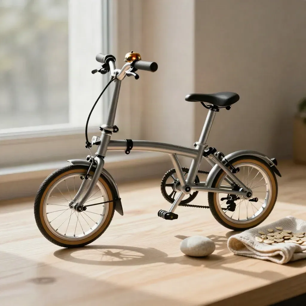 Mini vélo pliant en métal brossé avec sonnette chromée, galet clair et chiffon sur bois pâle.