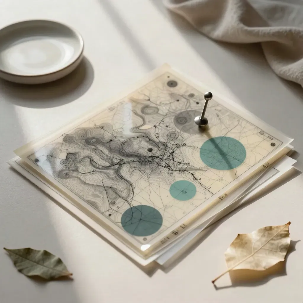 Cartes SIG translucides superposées sur table lumineuse, avec pin technique et touches de calque.