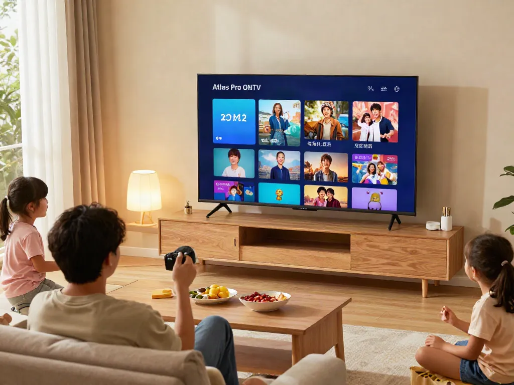 Profitez de l'application atlas pro dans un salon chaleureux avec une famille regardant la télévision.