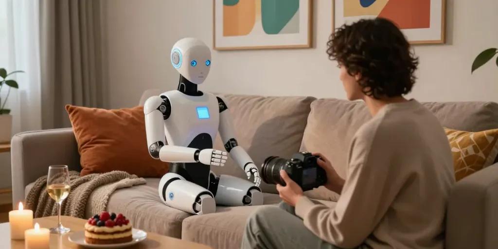 Engaging interaction with a lifelike sex bot in a cozy living room.
