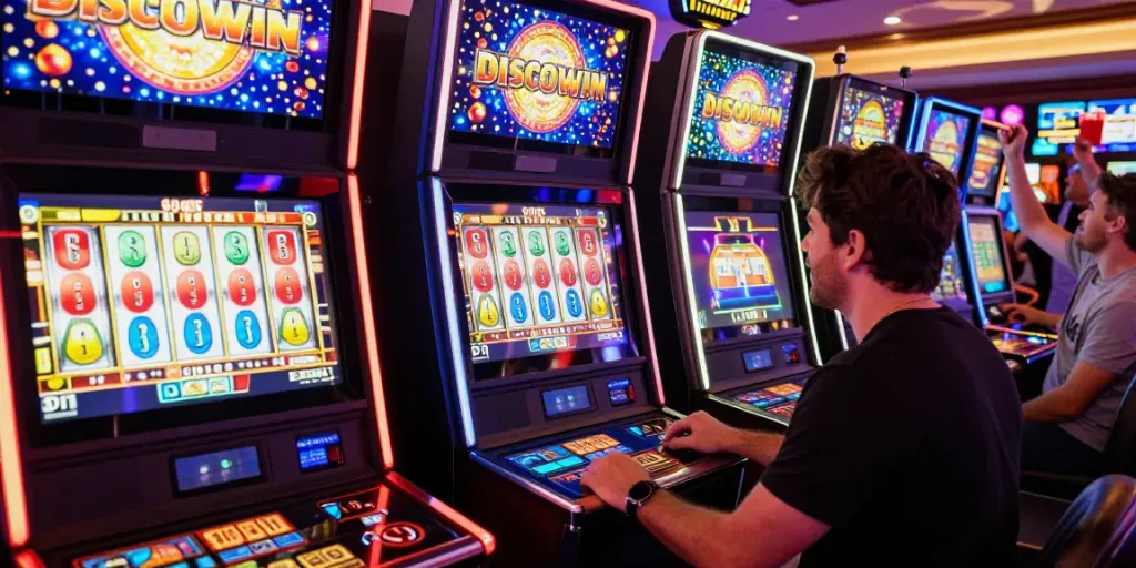 DiscoWin casino : joueur enthousiaste jouant sur une machine à sous colorée dans une ambiance de fête.